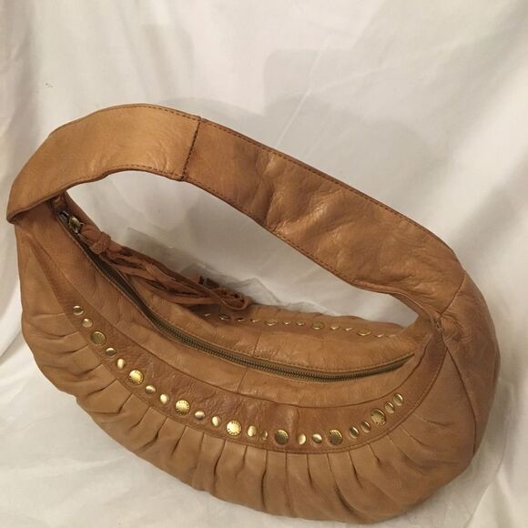 Elliot Lucca tan studded pleated leather hobo bag with tassel - Picture 3 of 13